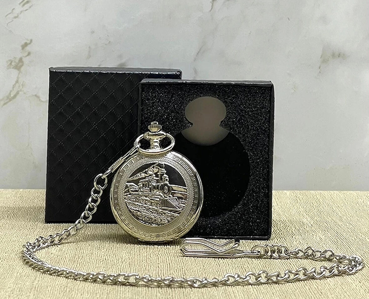 Özel Kutulu Tren Temali Gümüş Köstekli Saat Alk4675