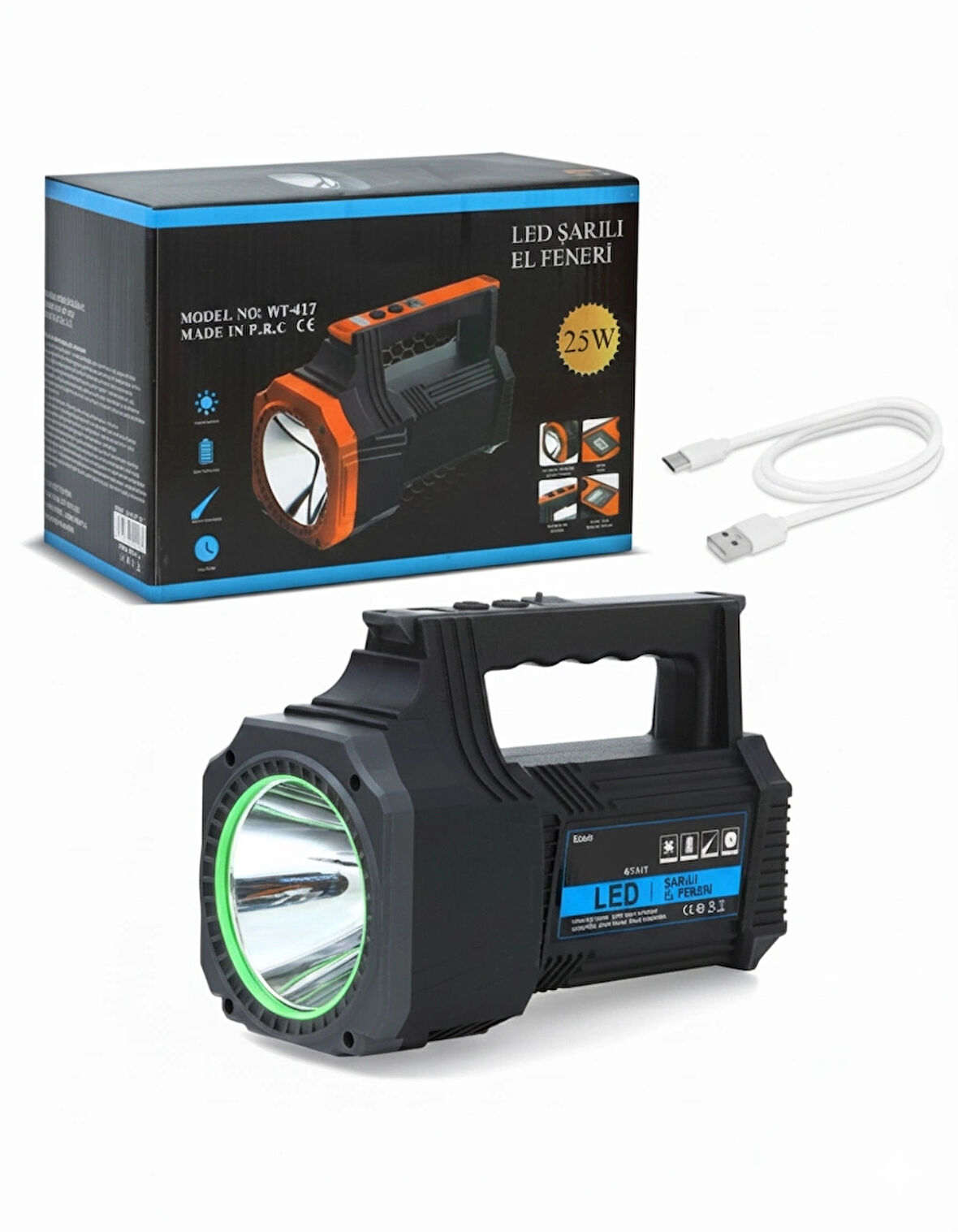 Şarjlı Dev Boy El Feneri 25w Süper Parlak Led El Lambası Kamp, Av Ve Güvenlik İçin İdeal