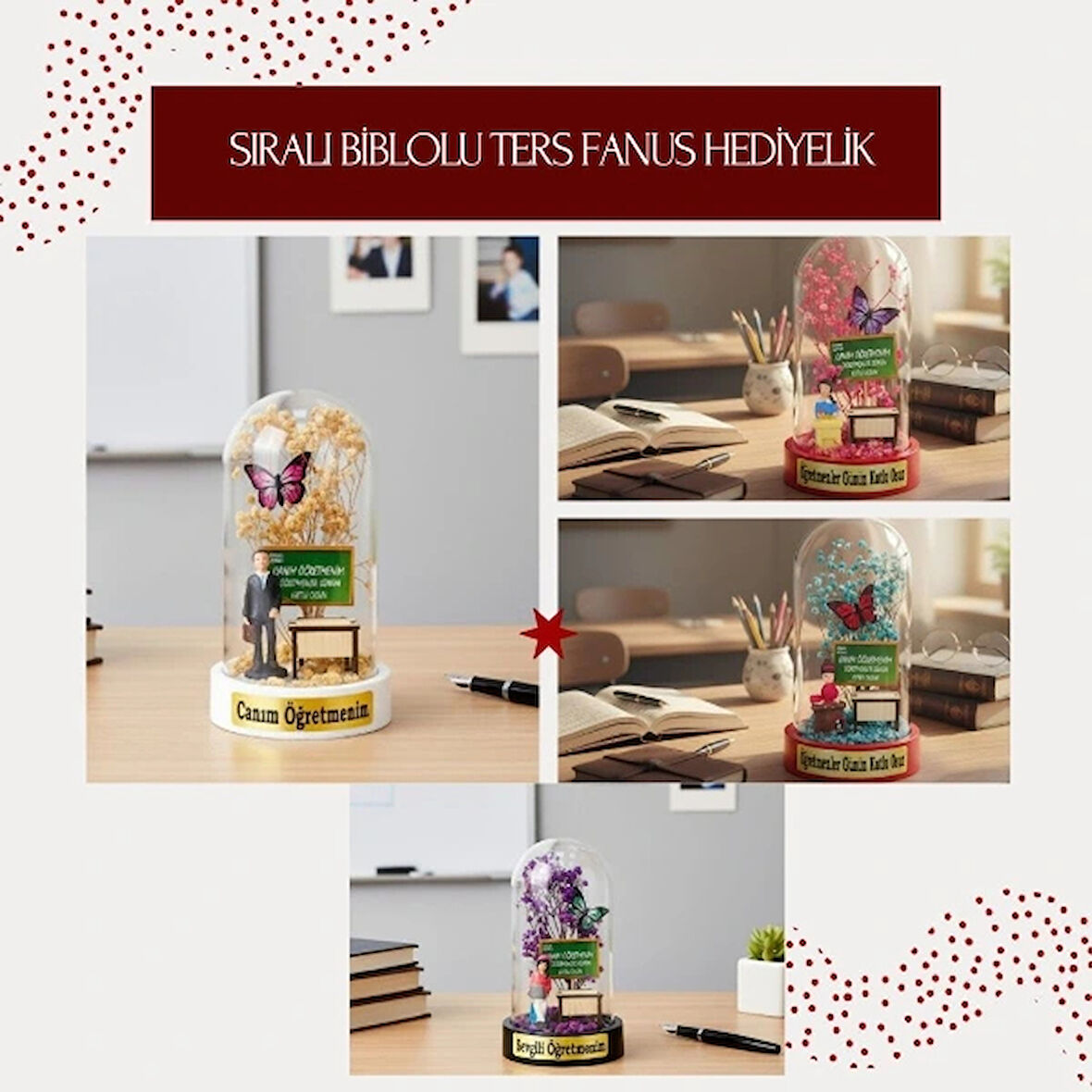 Sıralı Biblolu Ters Fanus - Öğretmenler Günü Hediyesi