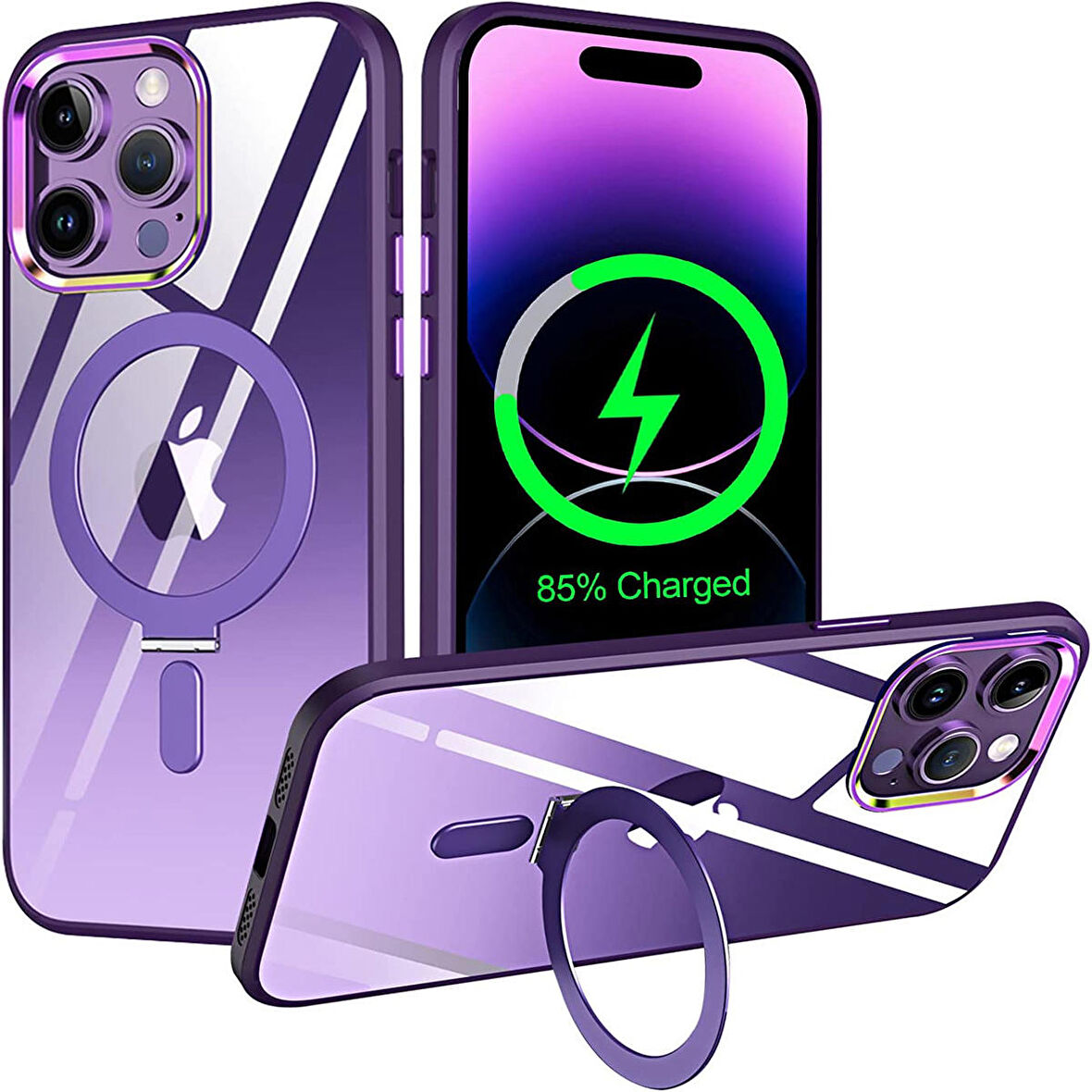Apple Iphone 14 Pro Max Kılıf Standlı Magsafe Manyetik Kablosuz Şarj Uyumlu Renkli Şeffaf Kapak