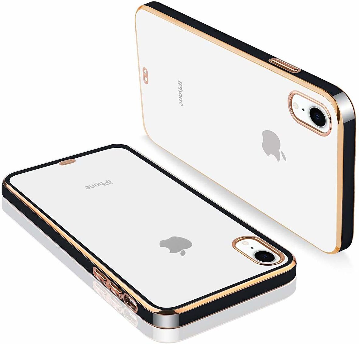 Apple iPhone XR Kılıf Kamera Lens Korumalı Kenarları Renkli Gold Arkası Şeffaf Silikon