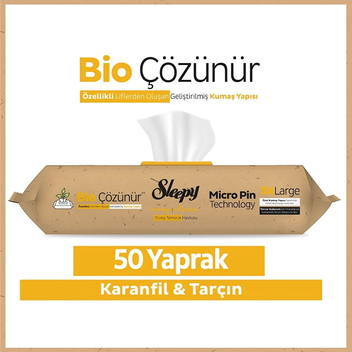 NİVEMESHOME BİO ÇÖZÜNÜR KARANFİL &TARÇIN 50 YAPRAK YÜZEY TEMİZLİK HAVLUSU SLEEPY