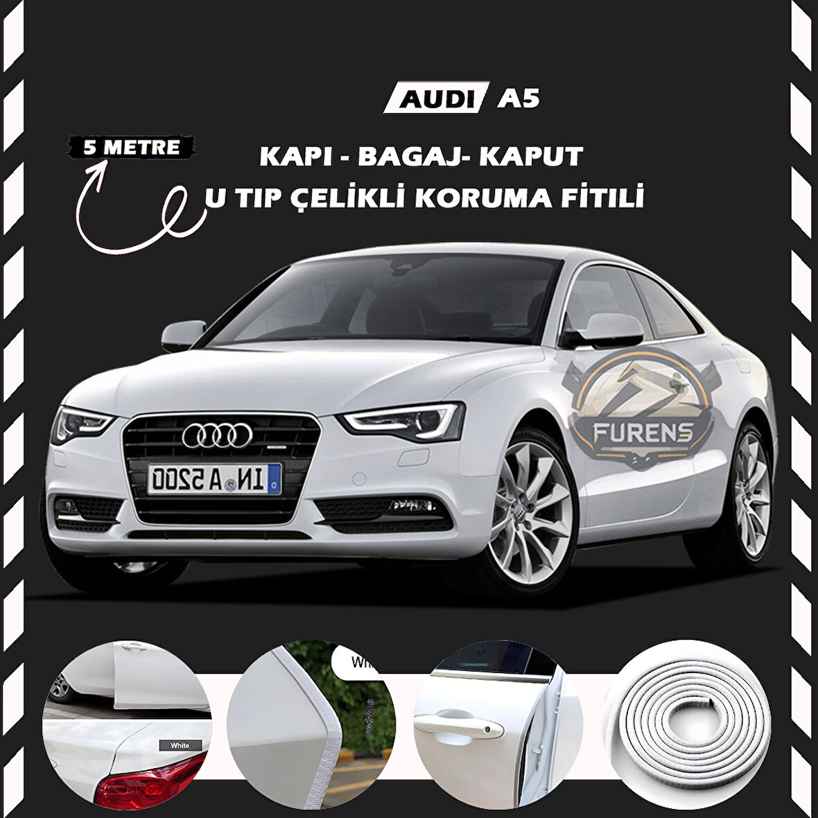 Audi A5 Oto Araç Kapı Koruma Fitili 5metre Parlak Beyaz Renk