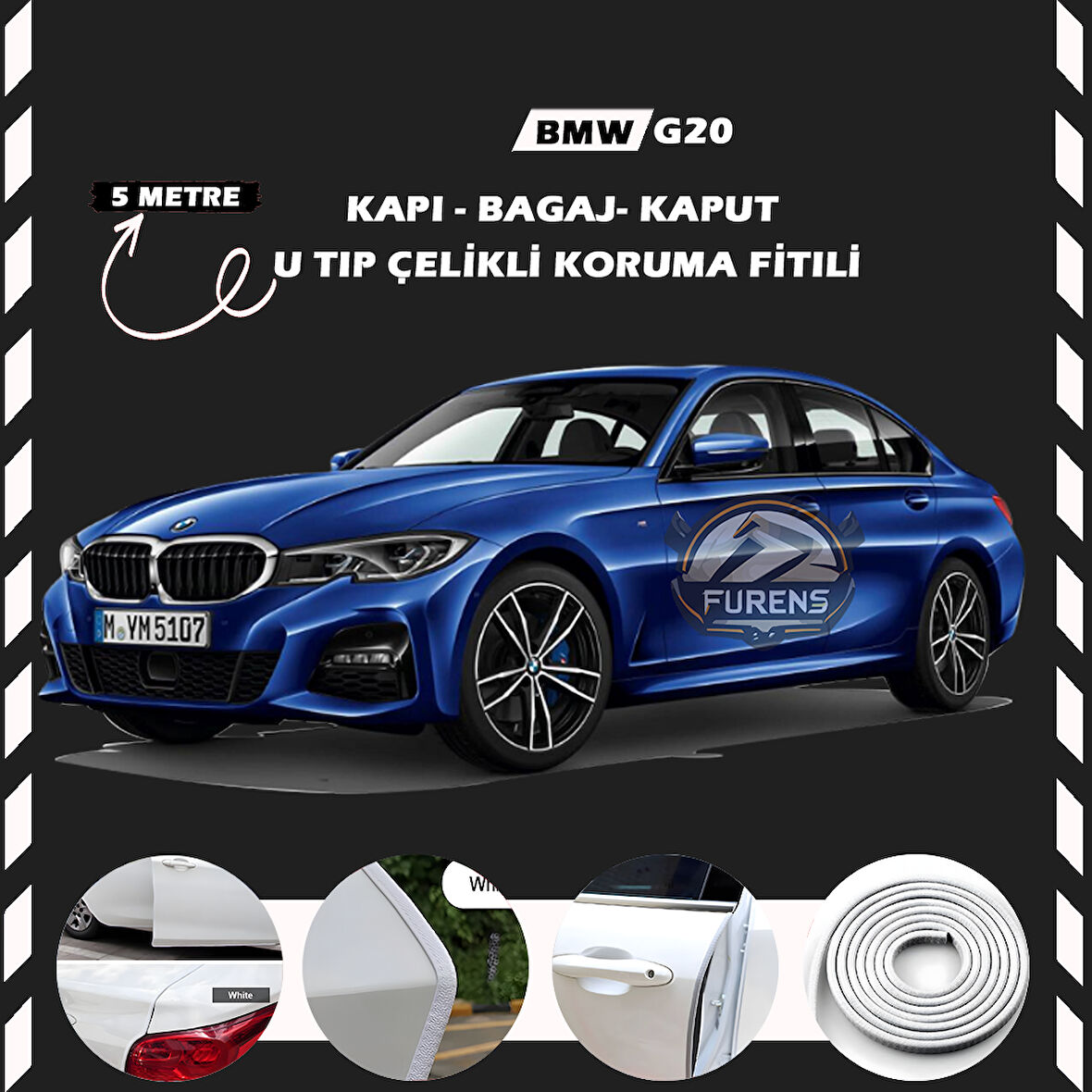 Bmw G20 Oto Araç Kapı Koruma Fitili 5metre Parlak Beyaz Renk