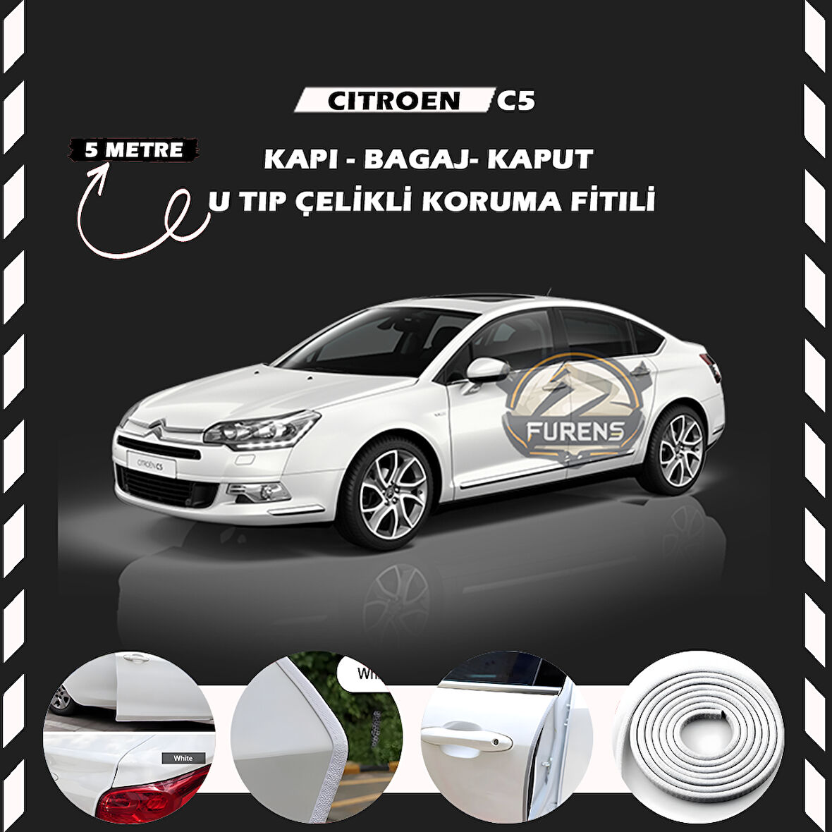Citroen C5 Oto Araç Kapı Koruma Fitili 5metre Parlak Beyaz Renk