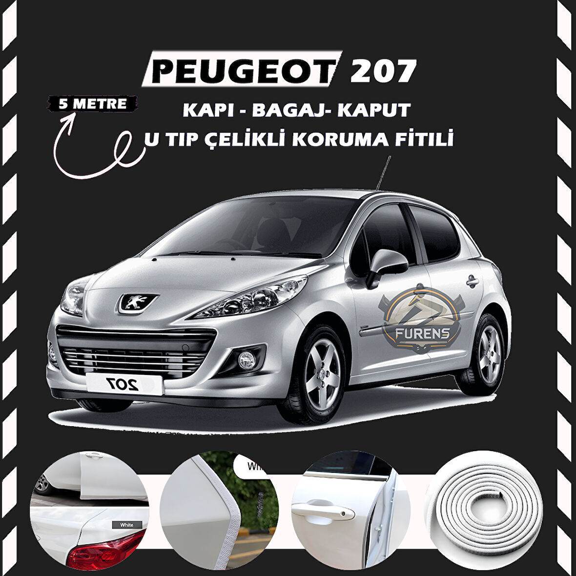 Peugeot 207 Oto Araç Kapı Koruma Fitili 5metre Parlak Beyaz Renk