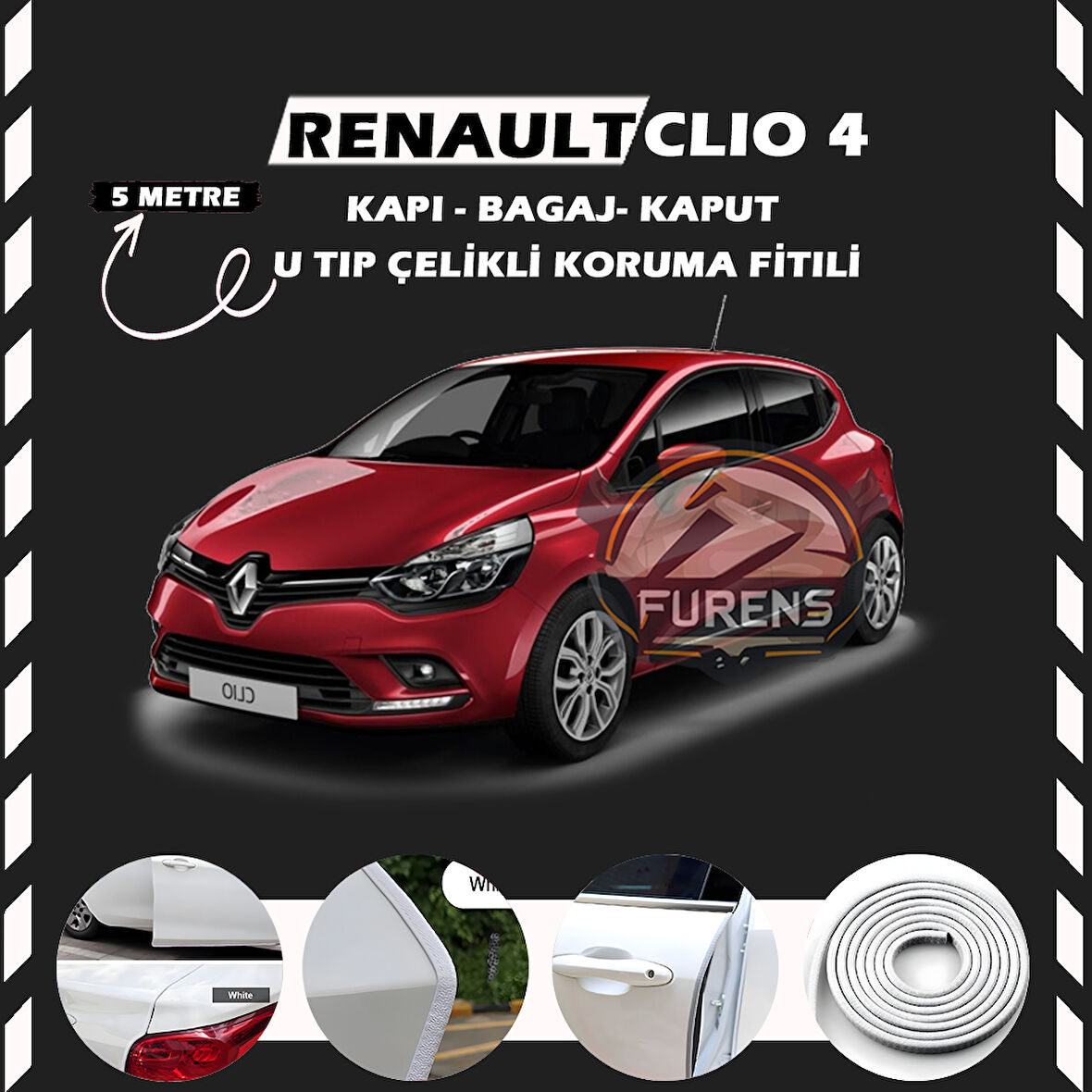 Renault Clio 4 Oto Araç Kapı Koruma Fitili 5metre Parlak Beyaz Renk