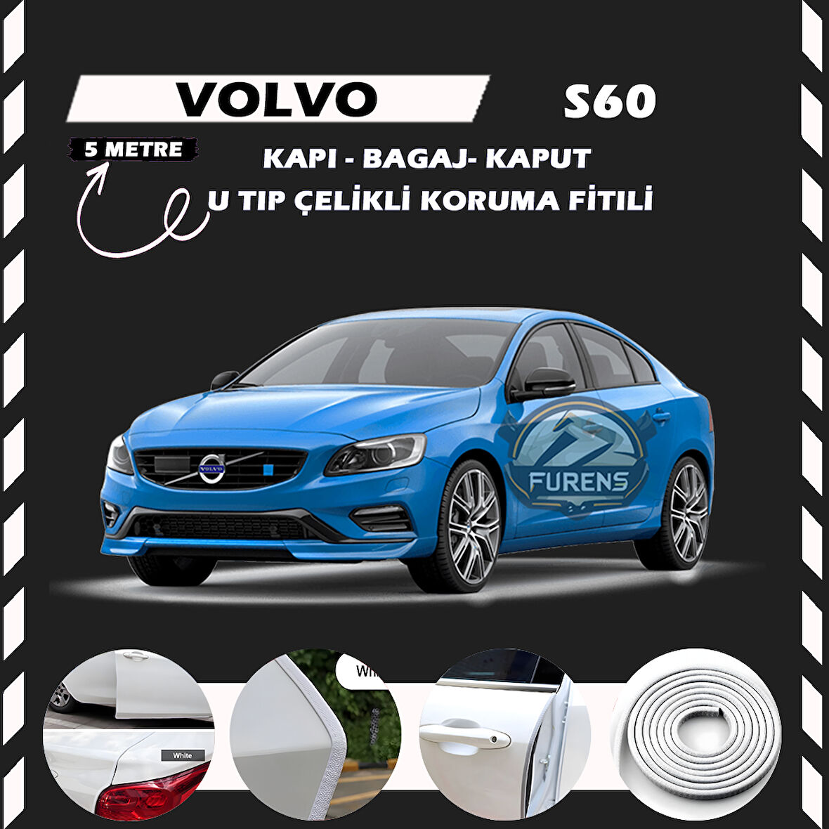 Volvo S60 Oto Araç Kapı Koruma Fitili 5metre Parlak Beyaz Renk