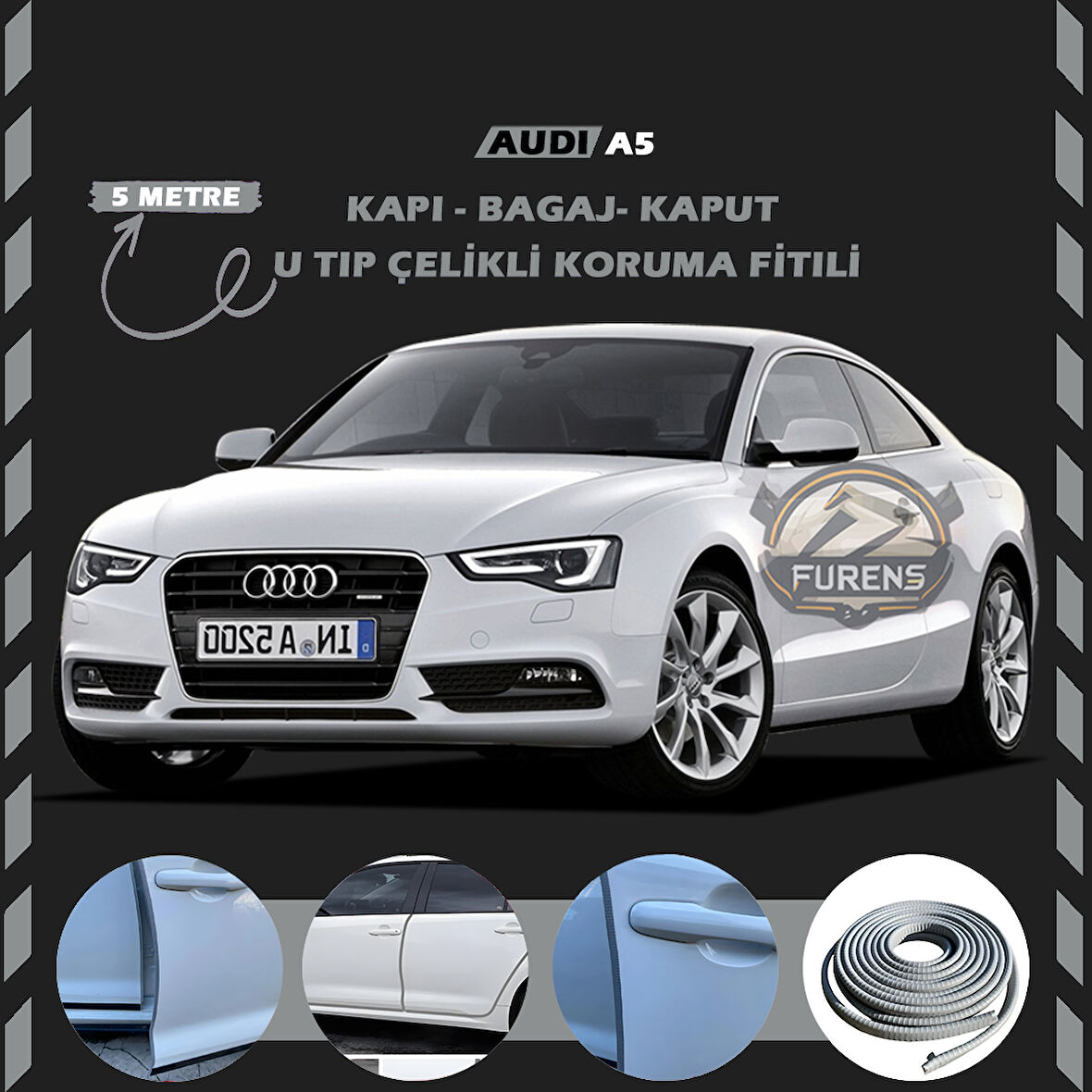 Audi A5 Oto Araç Kapı Koruma Fitili 5metre Parlak Gri Renk