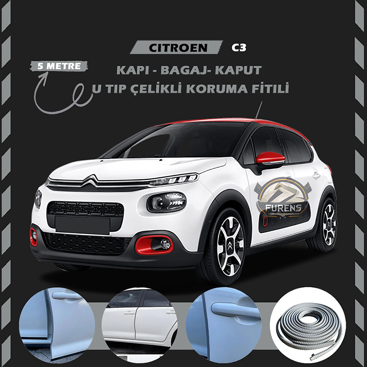 Citroen C3 Oto Araç Kapı Koruma Fitili 5metre Parlak Gri Renk