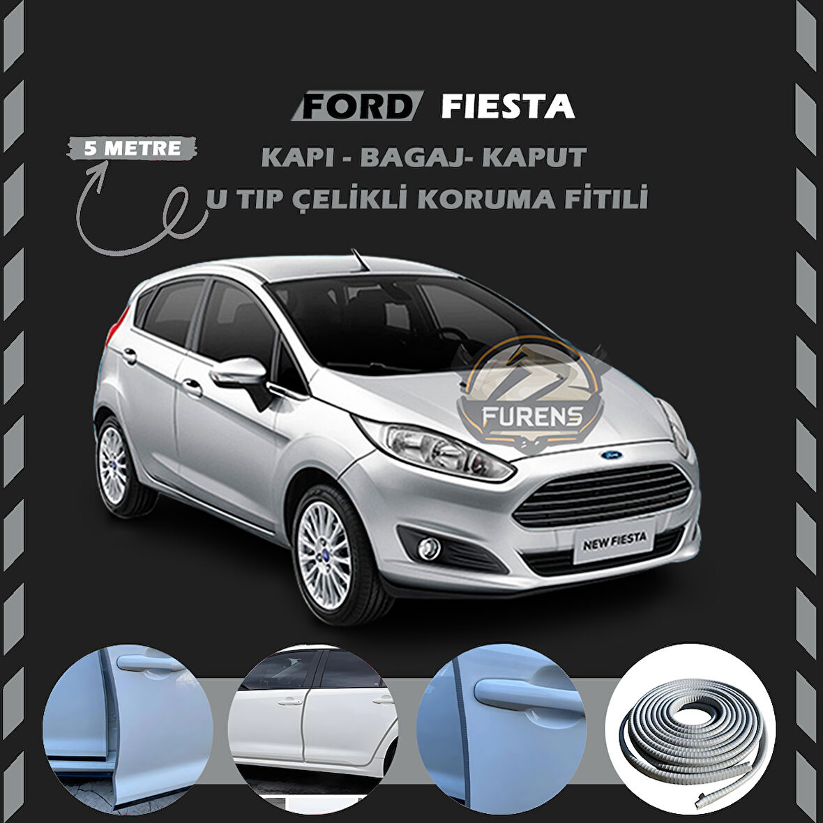 Ford Fiesta Oto Araç Kapı Koruma Fitili 5metre Parlak Gri Renk