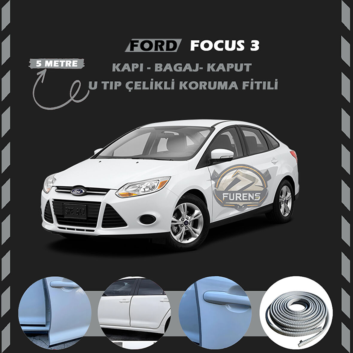 Ford Focus 3 Oto Araç Kapı Koruma Fitili 5metre Parlak Gri Renk