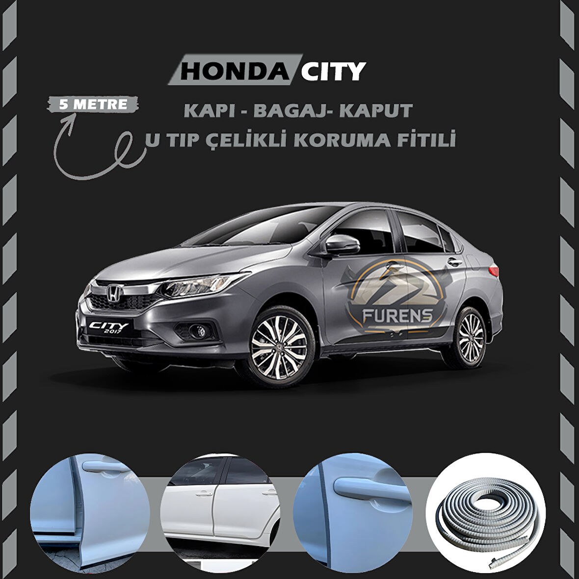 Honda City Oto Araç Kapı Koruma Fitili 5metre Parlak Gri Renk