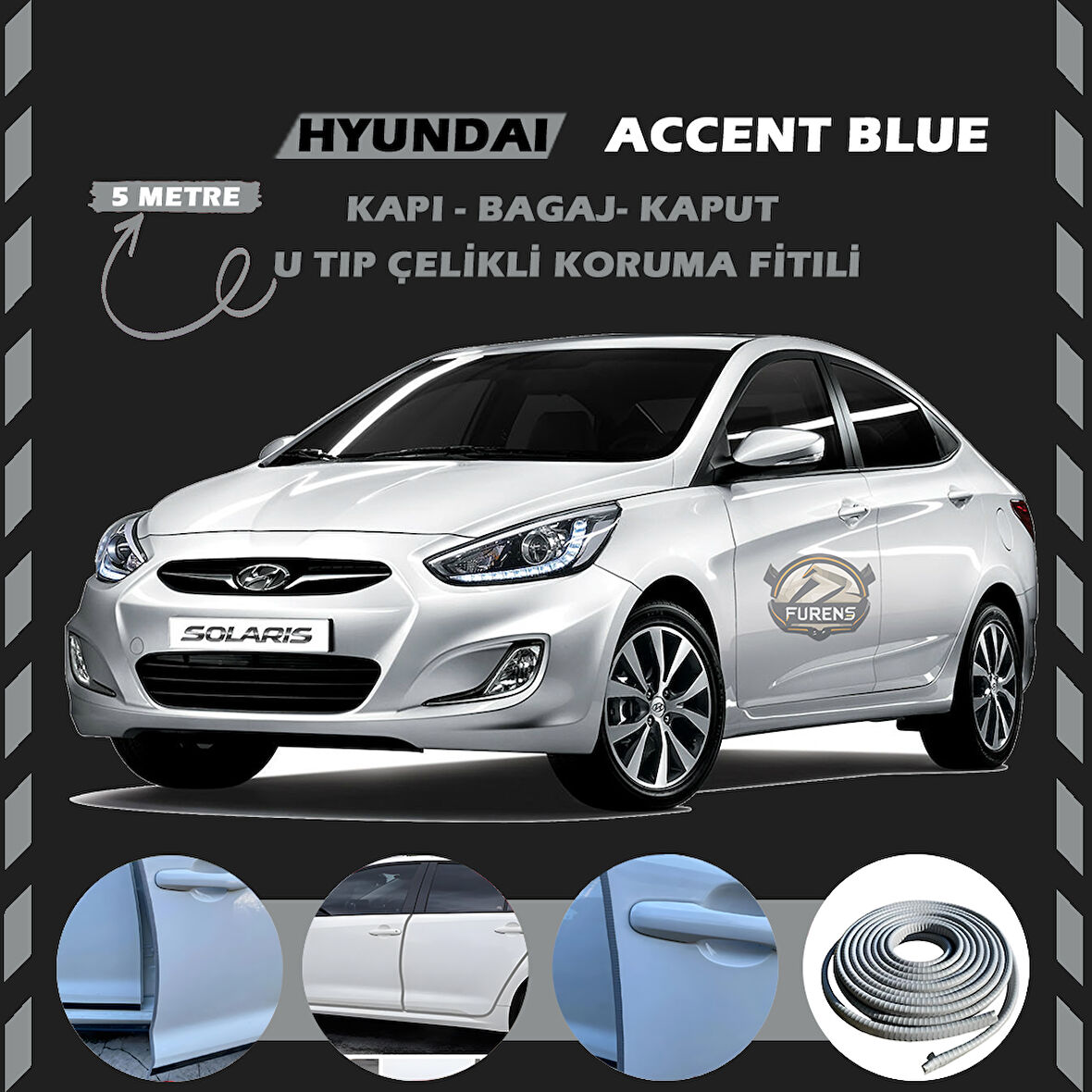 Hyunda Accent Blue Oto Araç Kapı Koruma Fitili 5metre Parlak Gri Renk