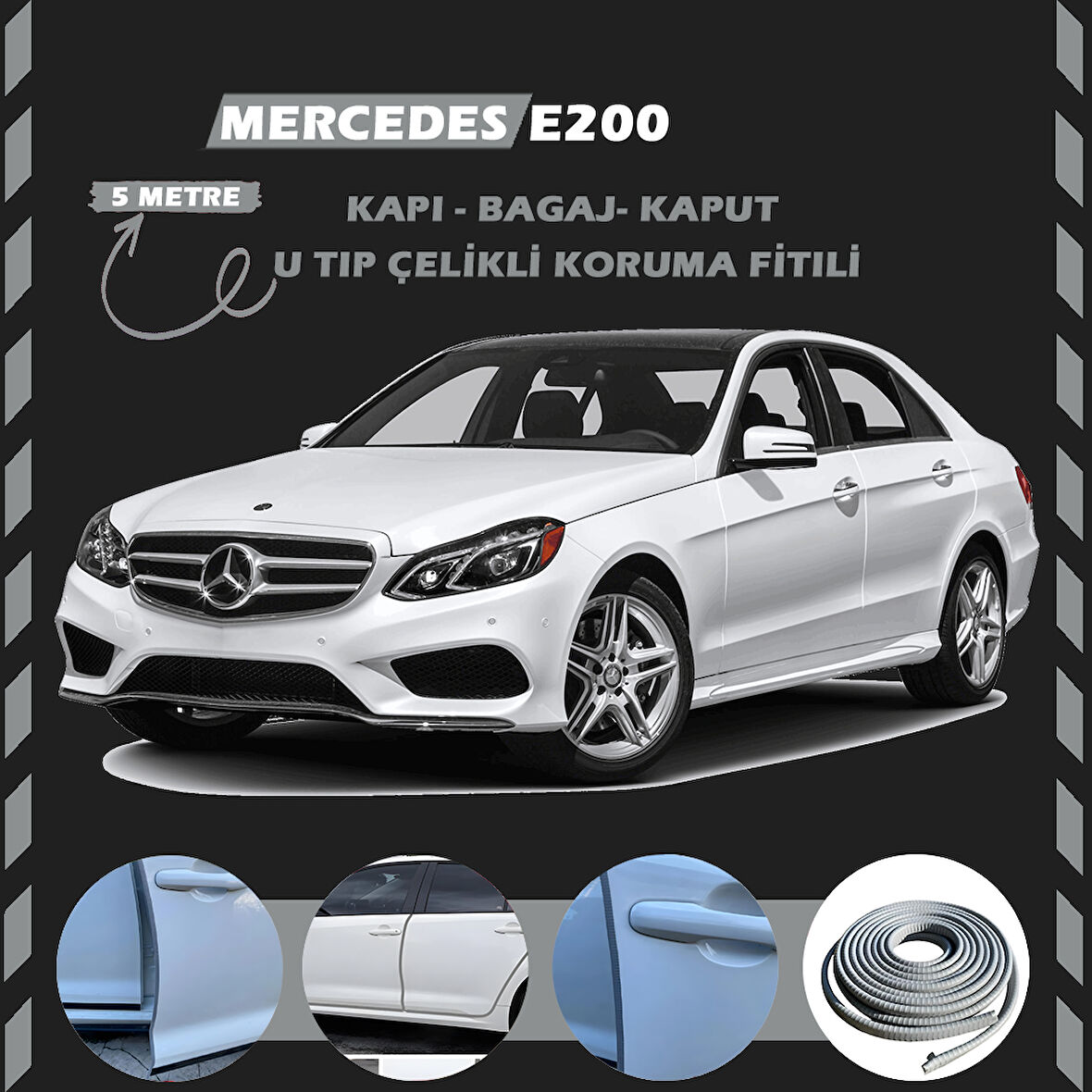 Mercedes E200 Oto Araç Kapı Koruma Fitili 5metre Parlak Gri Renk