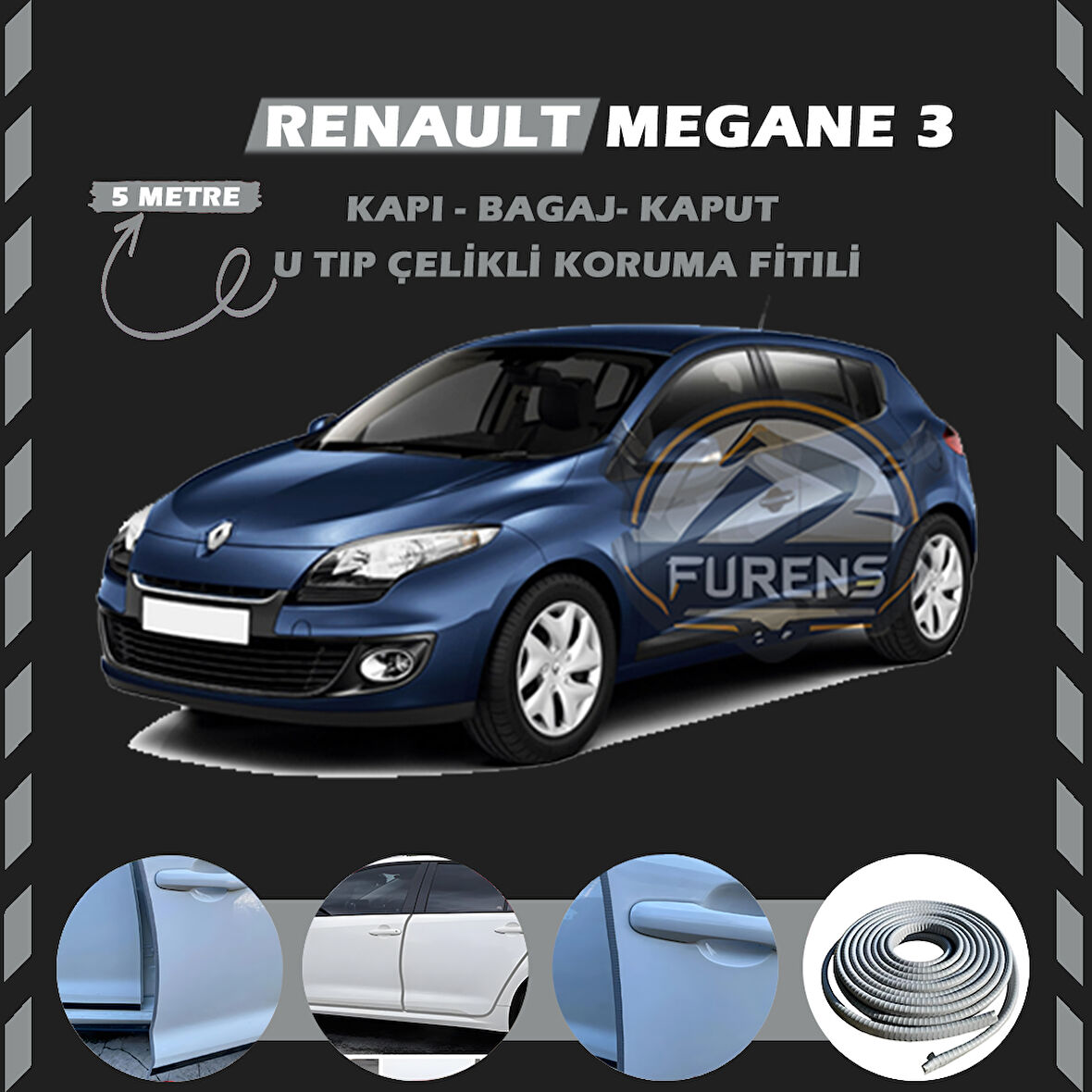 Renault Megane 3 Oto Araç Kapı Koruma Fitili 5metre Parlak Gri Renk