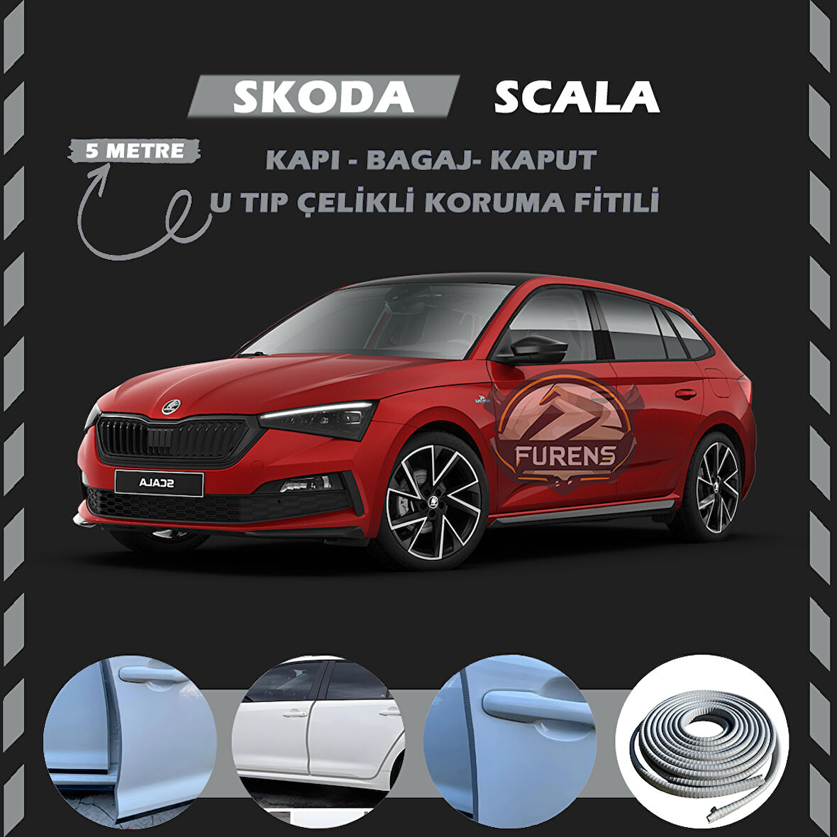 Skoda Scala Oto Araç Kapı Koruma Fitili 5metre Parlak Gri Renk