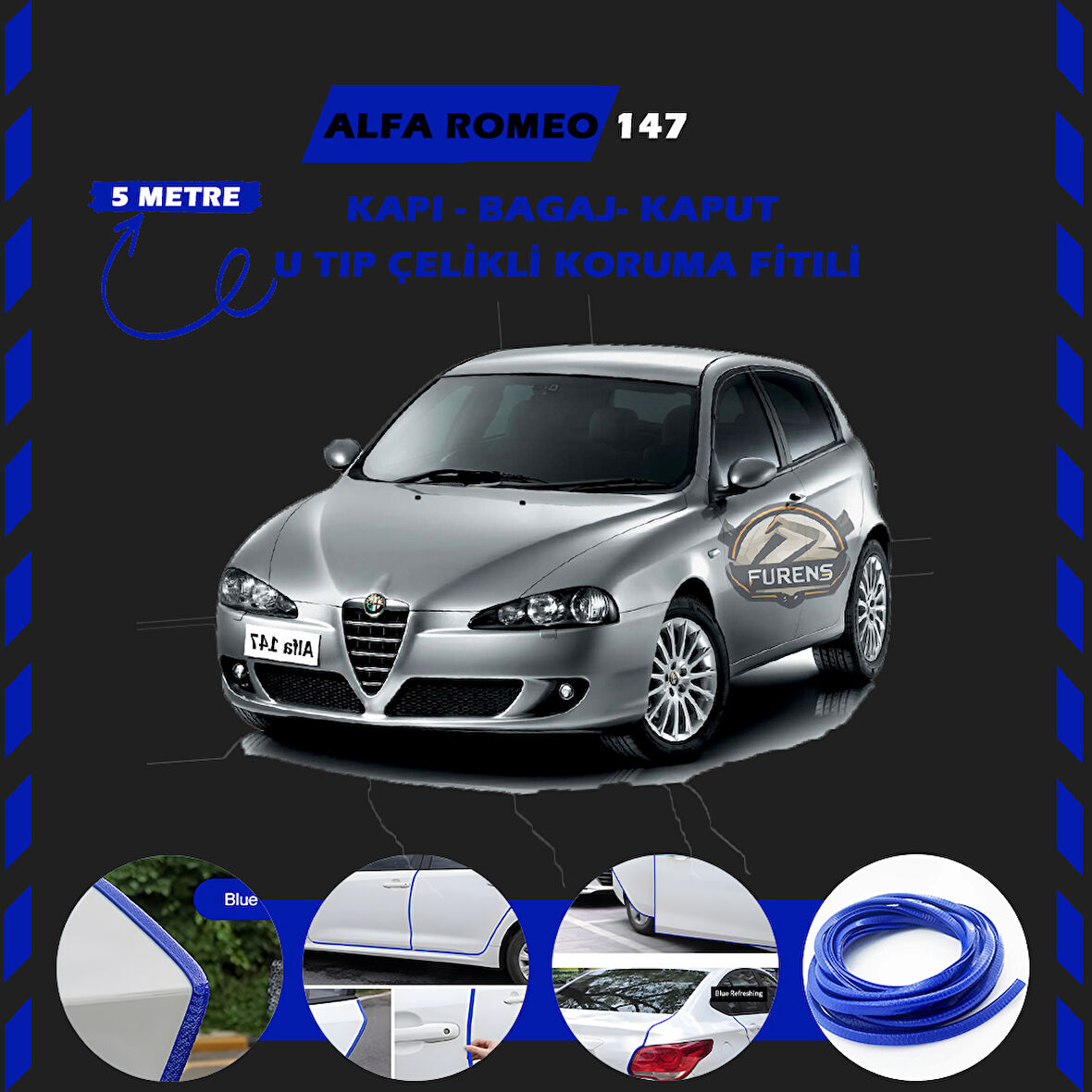 Alfa Romeo 147 Oto Araç Kapı Koruma Fitili 5metre Parlak Mavi Renk