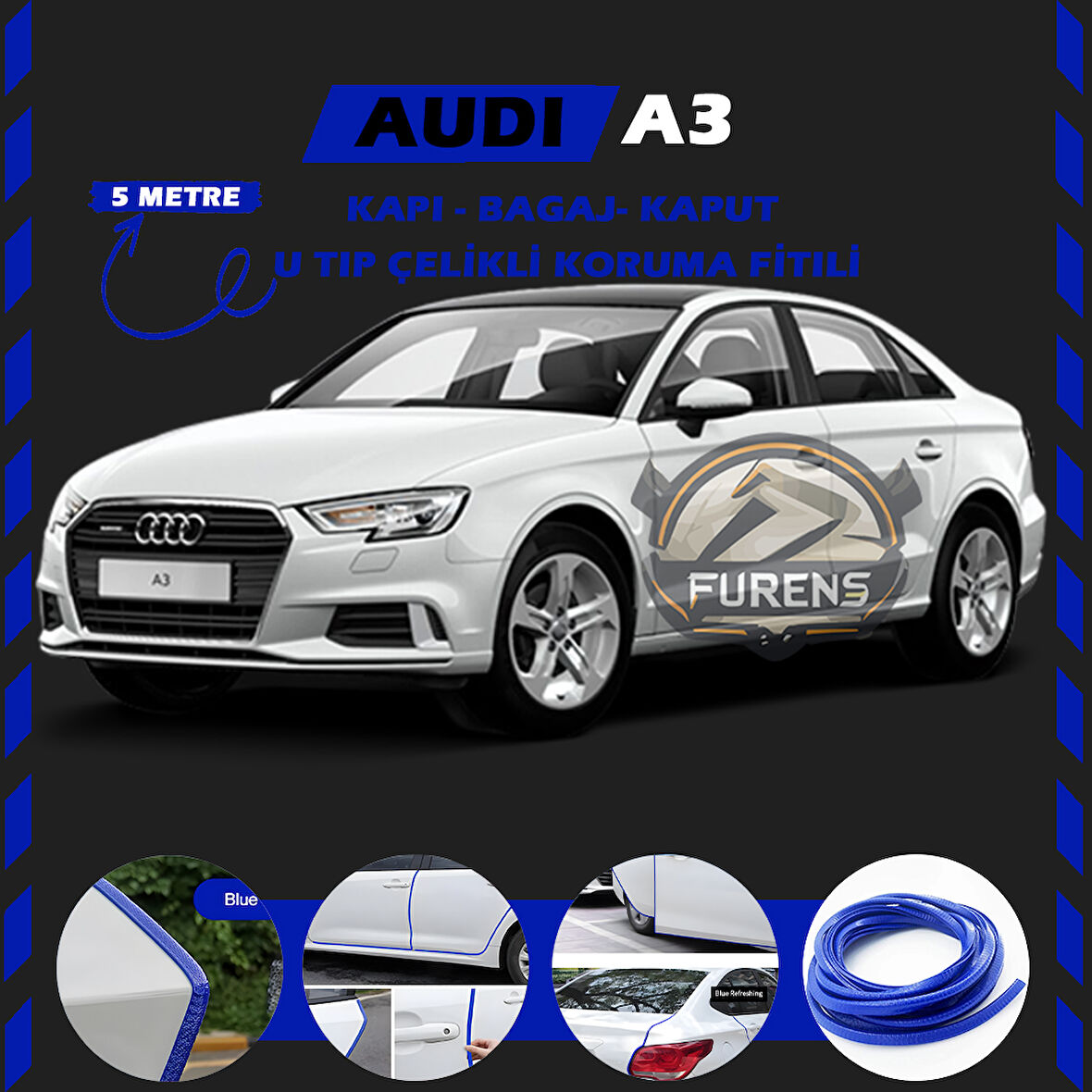 Audi A3 Oto Araç Kapı Koruma Fitili 5metre Parlak Mavi Renk