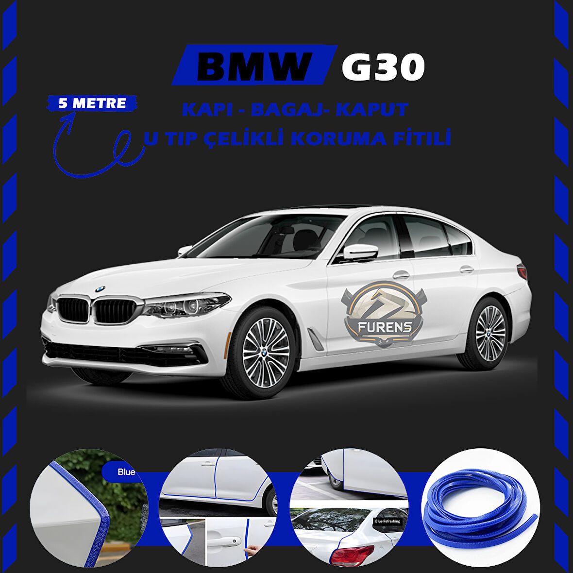Bmw G30 Oto Araç Kapı Koruma Fitili 5metre Parlak Mavi Renk