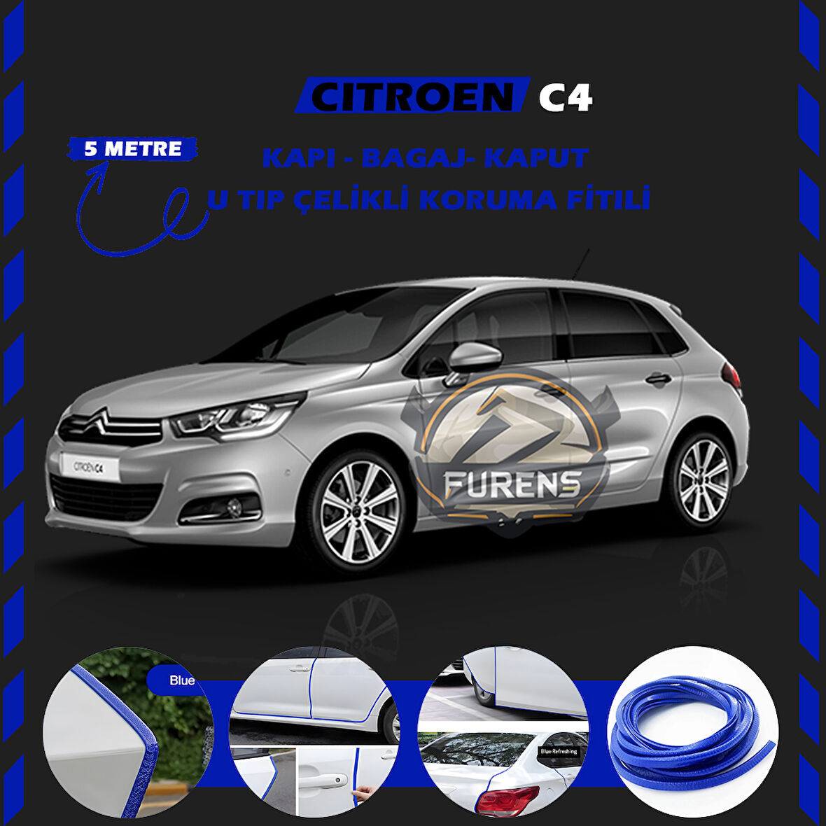 Citroen C4 Oto Araç Kapı Koruma Fitili 5metre Parlak Mavi Renk