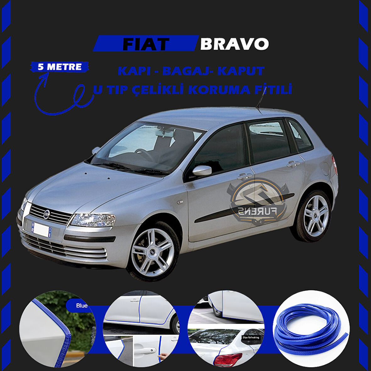 Fiat Bravo Oto Araç Kapı Koruma Fitili 5metre Parlak Mavi Renk