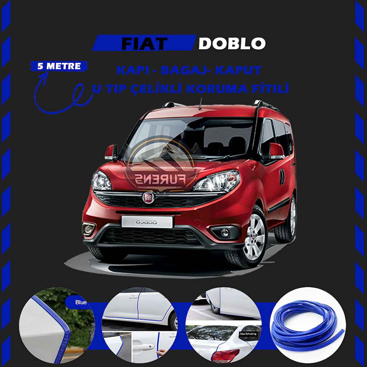 Fiat Doblo Oto Araç Kapı Koruma Fitili 5metre Parlak Mavi Renk