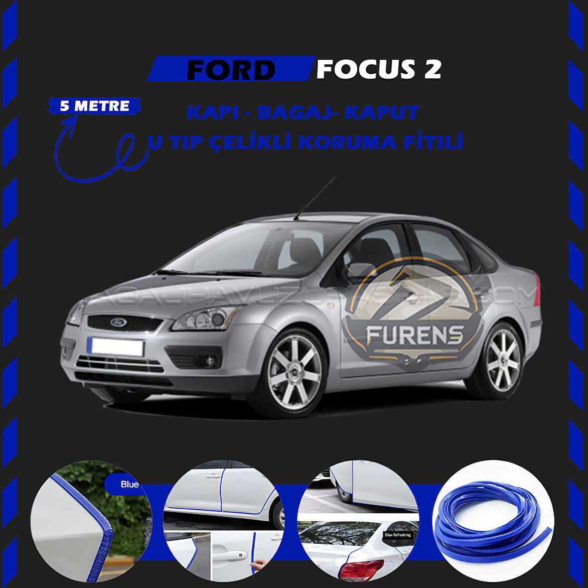 Ford Focus 2 Oto Araç Kapı Koruma Fitili 5metre Parlak Mavi Renk