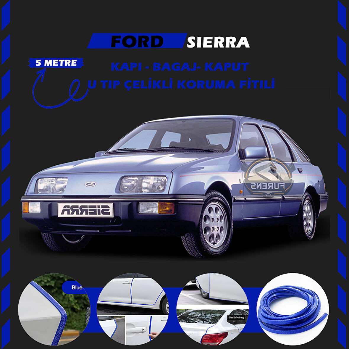 Ford Sierra Oto Araç Kapı Koruma Fitili 5metre Parlak Mavi Renk
