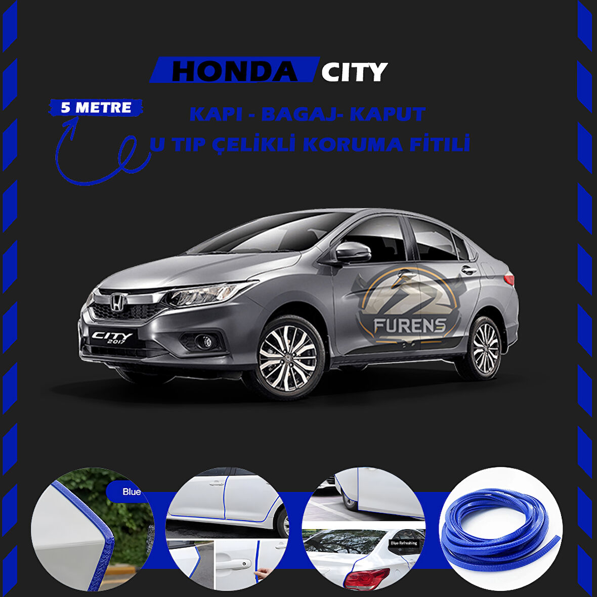 Honda City Oto Araç Kapı Koruma Fitili 5metre Parlak Mavi Renk