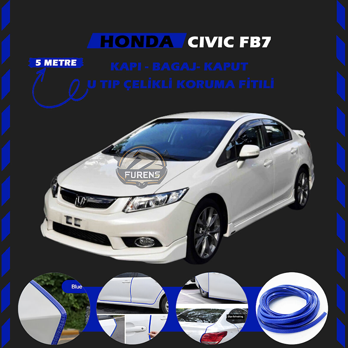 Honda Civic FB7 Oto Araç Kapı Koruma Fitili 5metre Parlak Mavi Renk