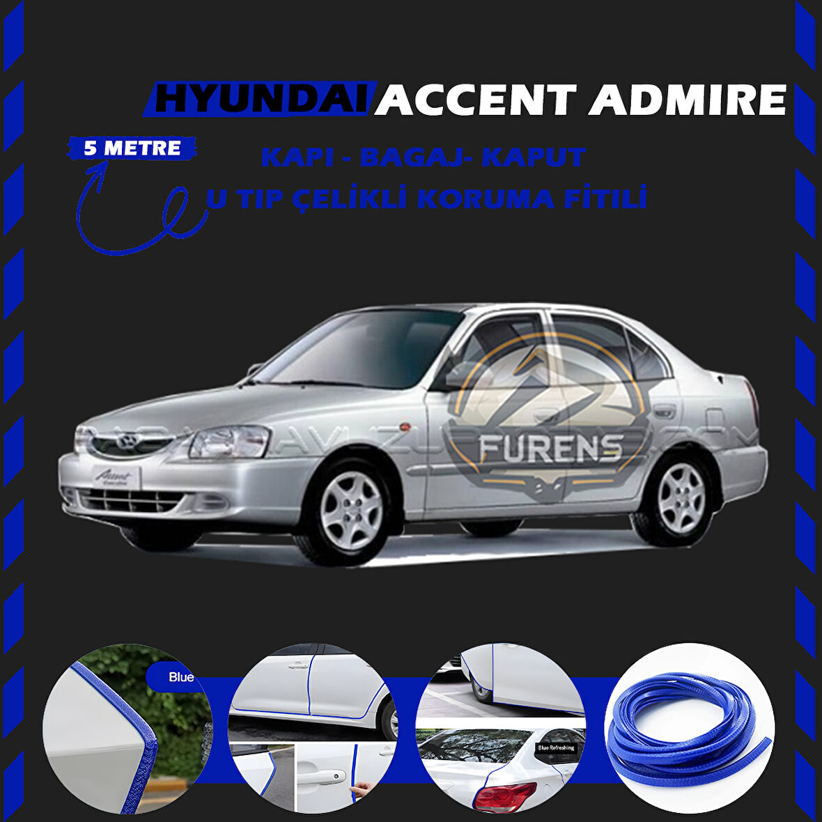 Hyunda Accent Admire Oto Araç Kapı Koruma Fitili 5metre Parlak Mavi Renk