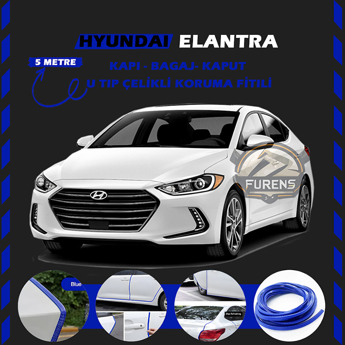 Hyundai Elantra Oto Araç Kapı Koruma Fitili 5metre Parlak Mavi Renk