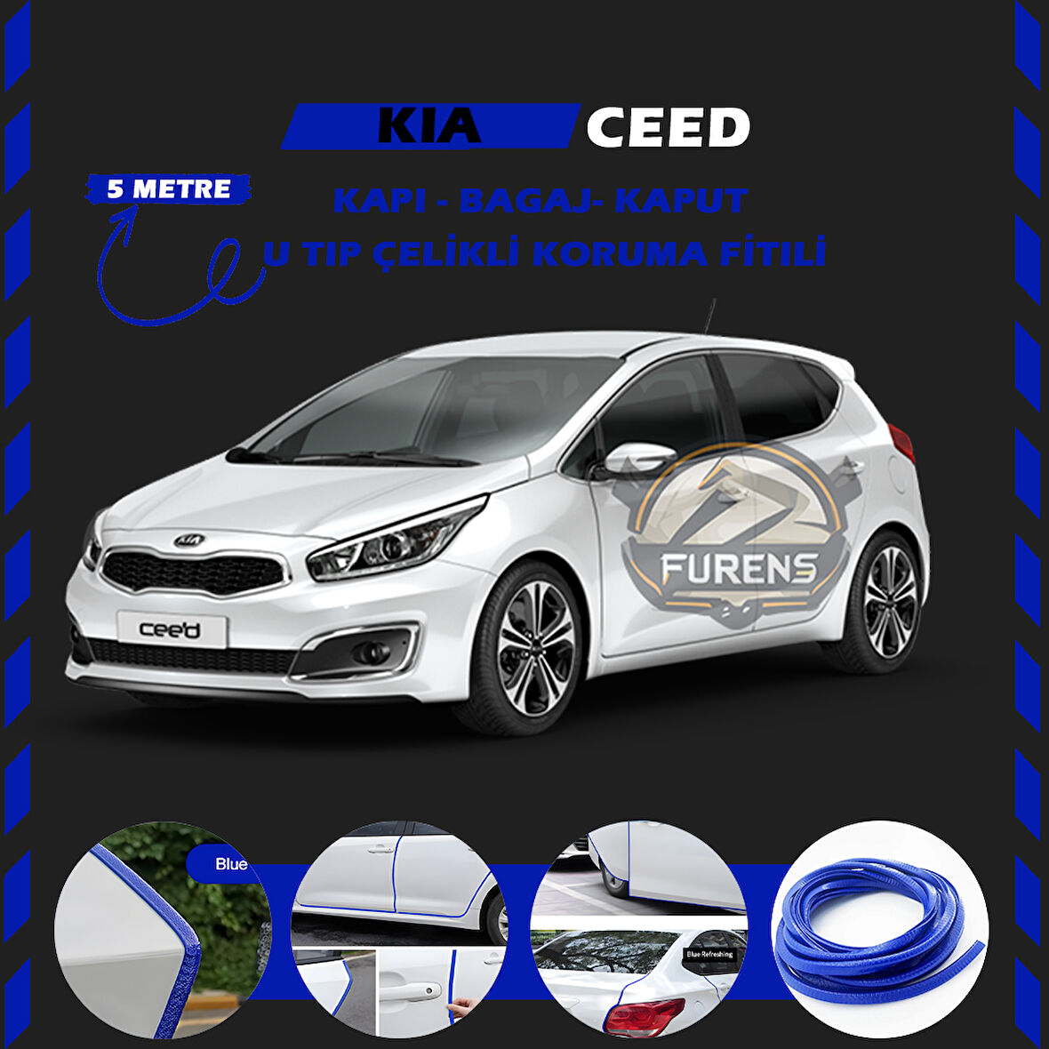Kia Ceed Oto Araç Kapı Koruma Fitili 5metre Parlak Mavi Renk