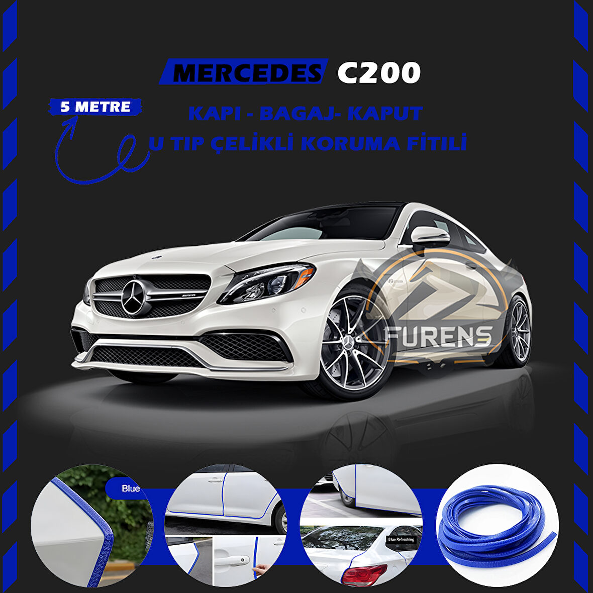 Mercedes C200 Oto Araç Kapı Koruma Fitili 5metre Parlak Mavi Renk