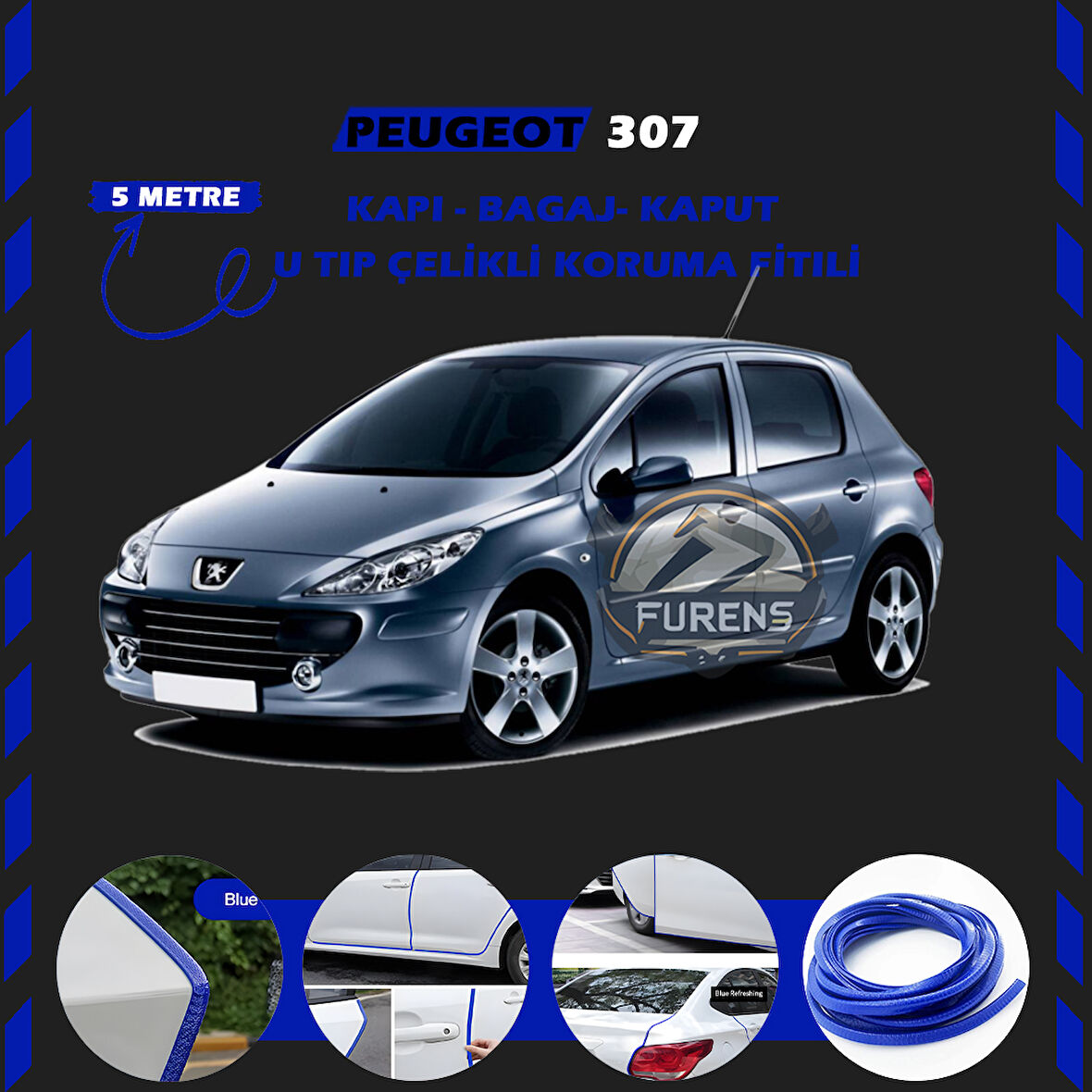 Peugeot 307 Oto Araç Kapı Koruma Fitili 5metre Parlak Mavi Renk