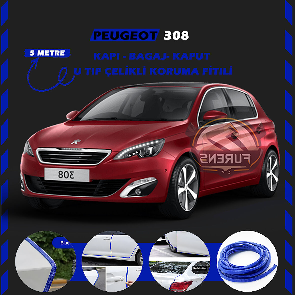 Peugeot 308 Oto Araç Kapı Koruma Fitili 5metre Parlak Mavi Renk