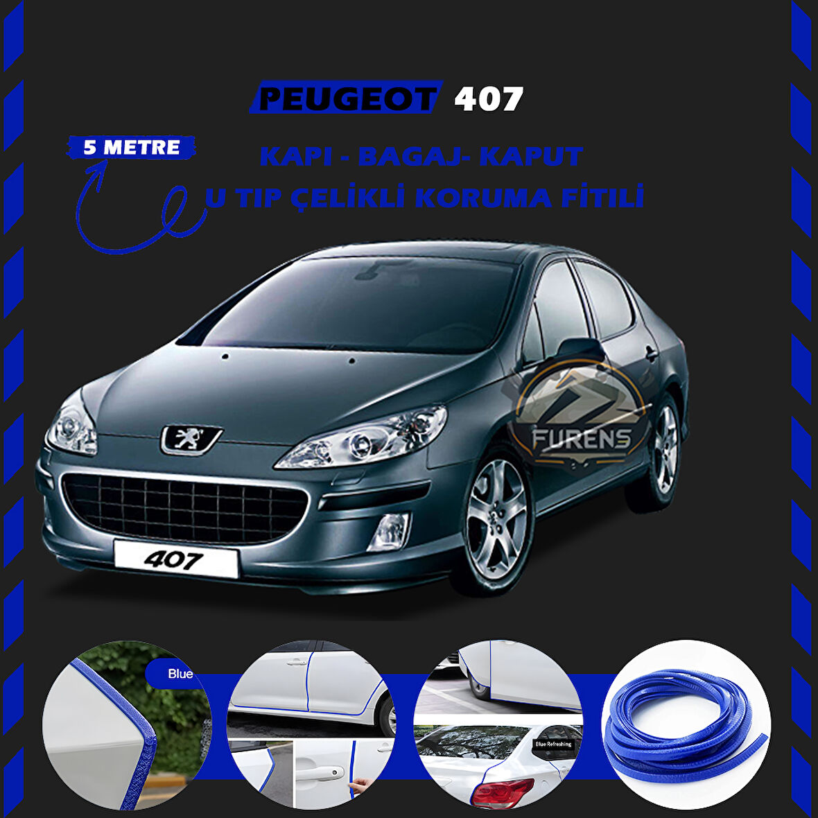 Peugeot 407 Oto Araç Kapı Koruma Fitili 5metre Parlak Mavi Renk