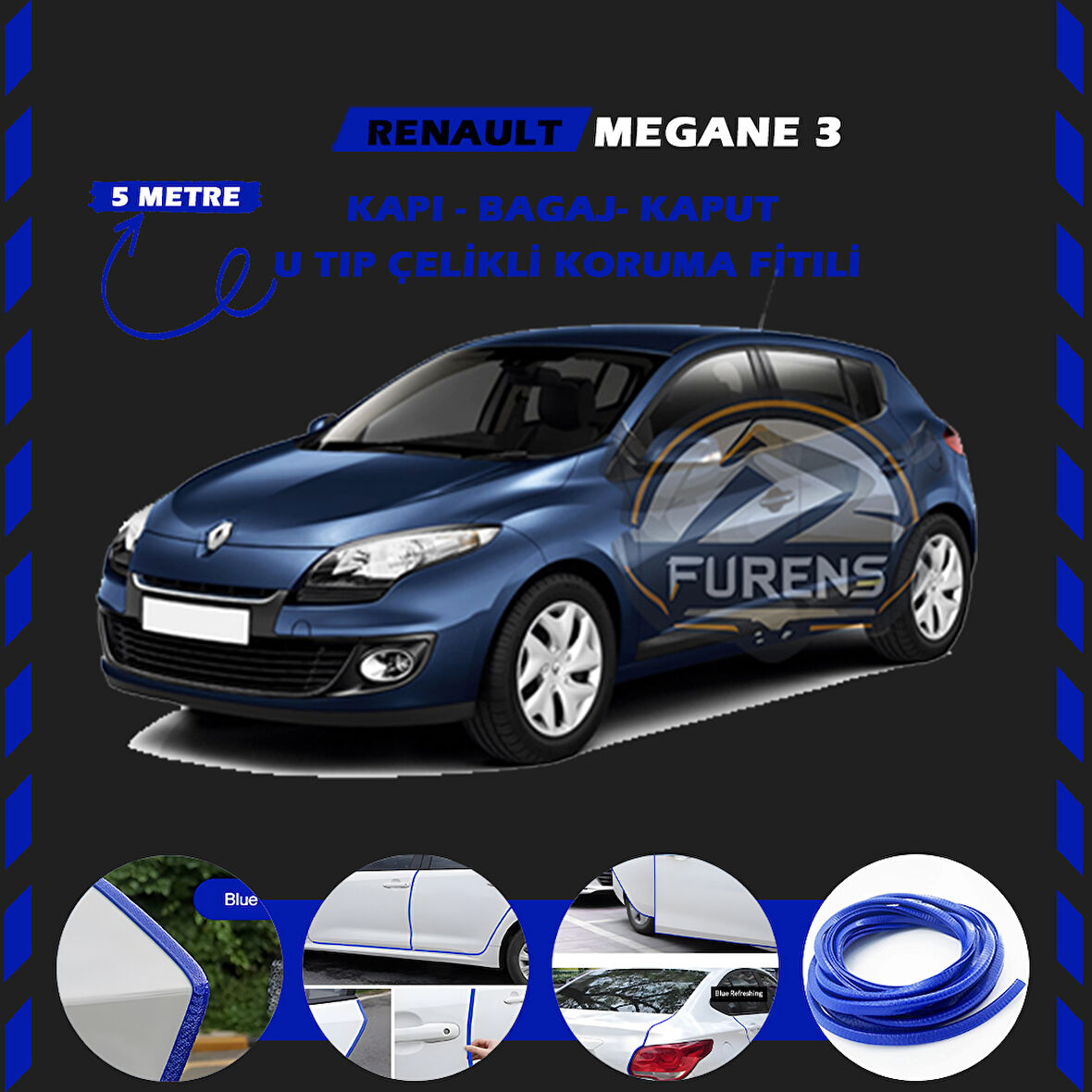 Renault Megane 3 Oto Araç Kapı Koruma Fitili 5metre Parlak Mavi Renk