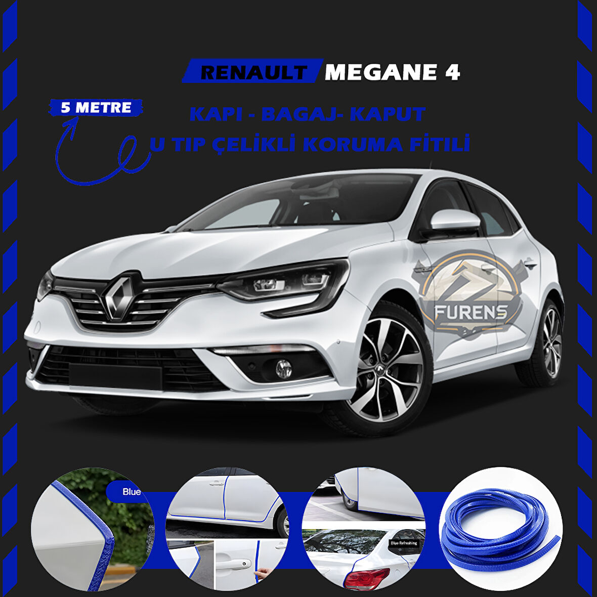 Renault Megane 4 Oto Araç Kapı Koruma Fitili 5metre Parlak Mavi Renk