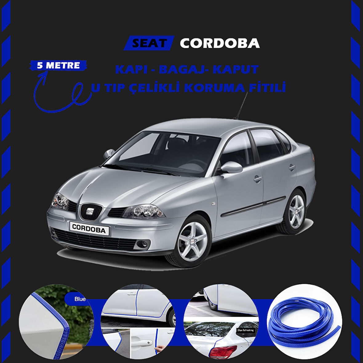 Seat Cordoba Oto Araç Kapı Koruma Fitili 5metre Parlak Mavi Renk