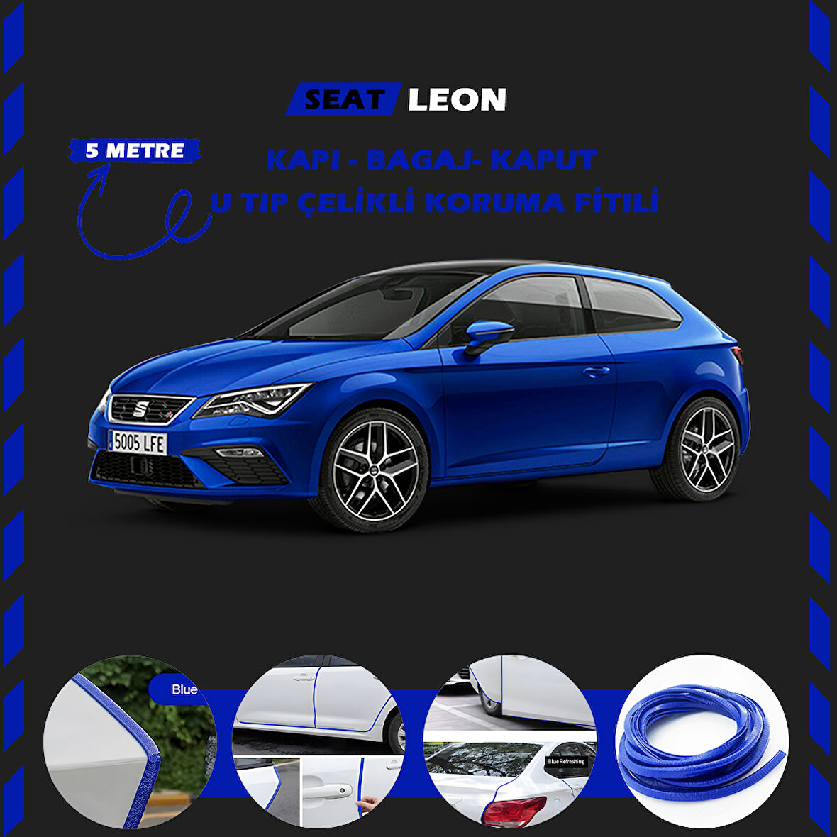 Seat Leon Oto Araç Kapı Koruma Fitili 5metre Parlak Mavi Renk