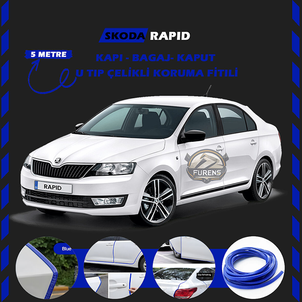 Skoda Rapid Oto Araç Kapı Koruma Fitili 5metre Parlak Mavi Renk