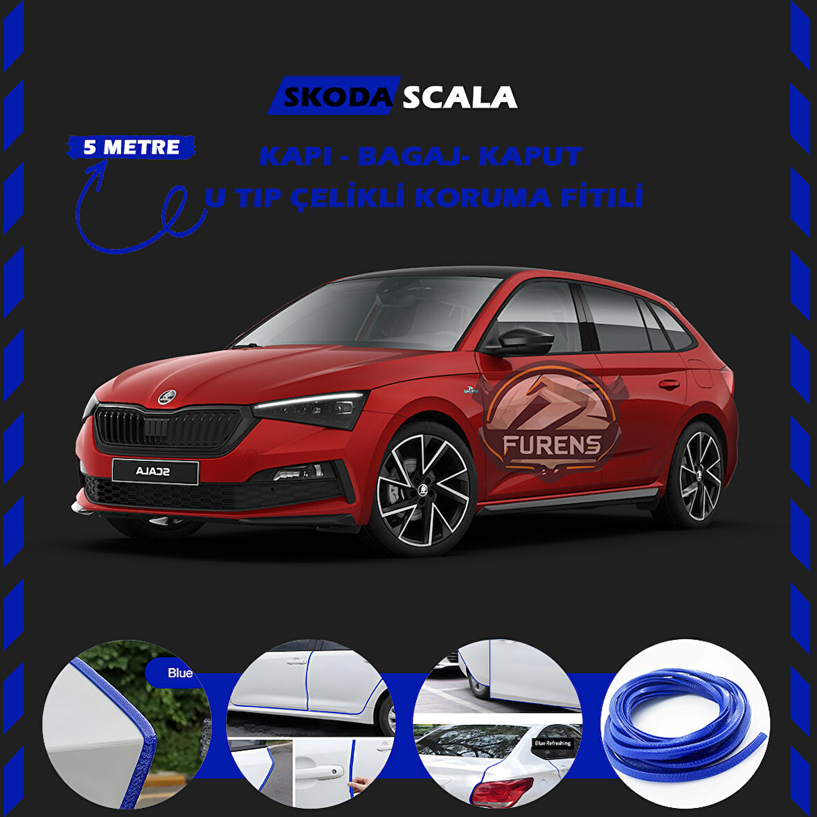 Skoda Scala Oto Araç Kapı Koruma Fitili 5metre Parlak Mavi Renk
