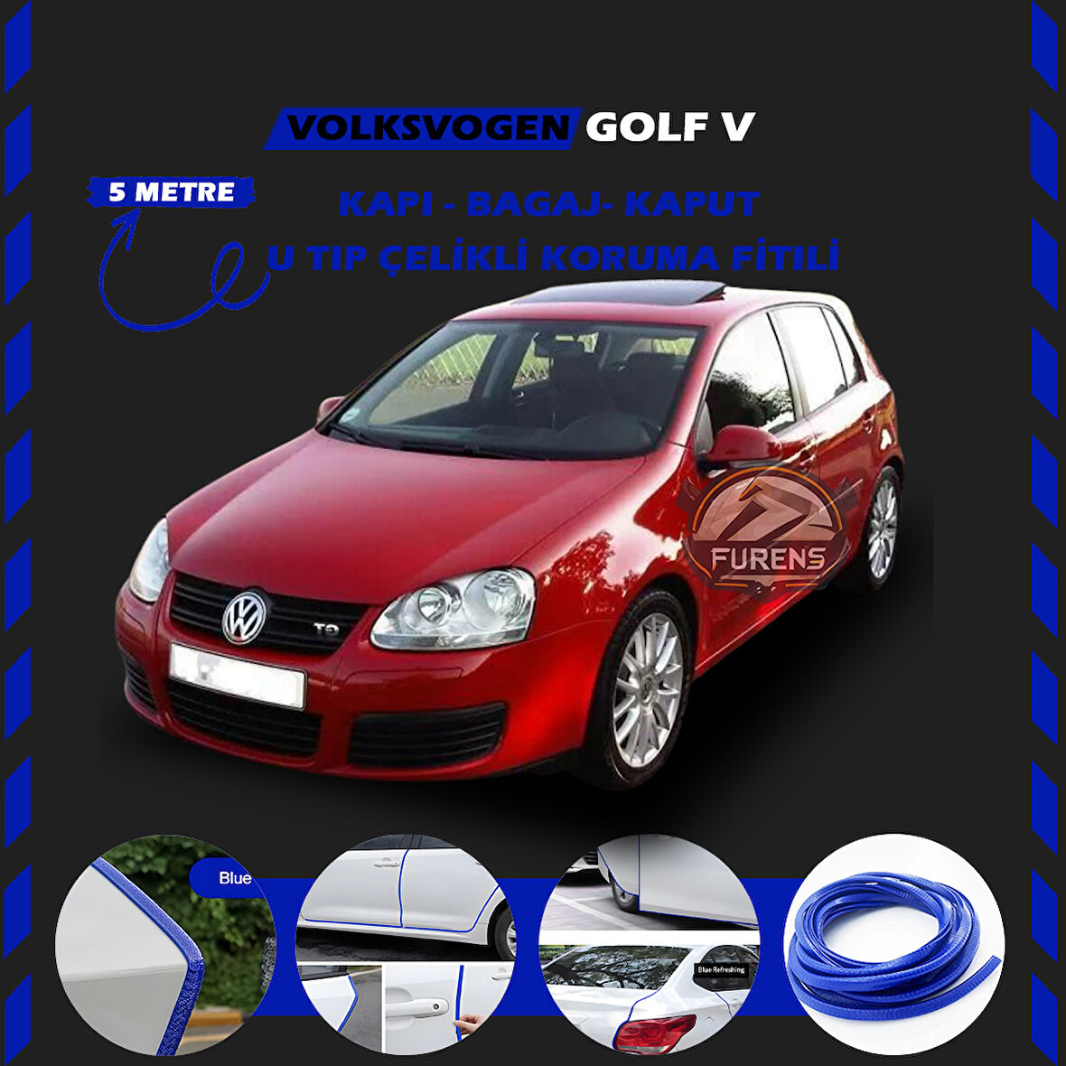 Volksvogen Golf 5 Oto Araç Kapı Koruma Fitili 5metre Parlak Mavi Renk