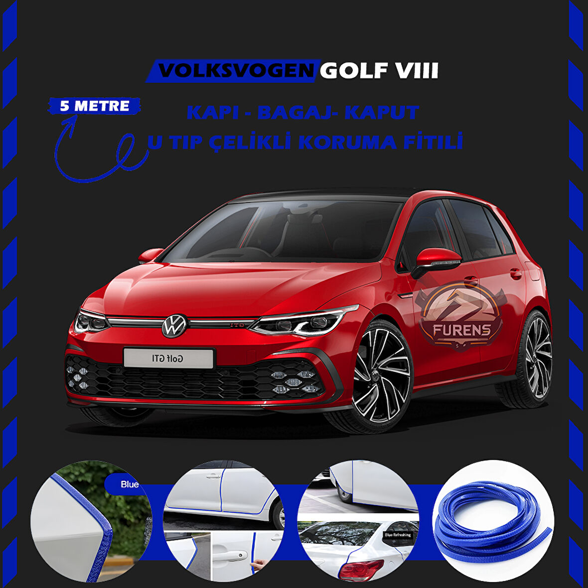 Volksvogen Golf 8 Oto Araç Kapı Koruma Fitili 5metre Parlak Mavi Renk