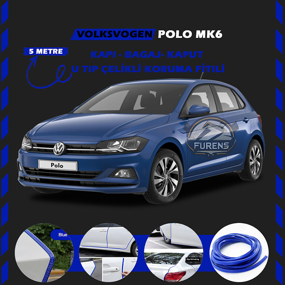 Volksvogen Polo MK6 Oto Araç Kapı Koruma Fitili 5metre Parlak Mavi Renk