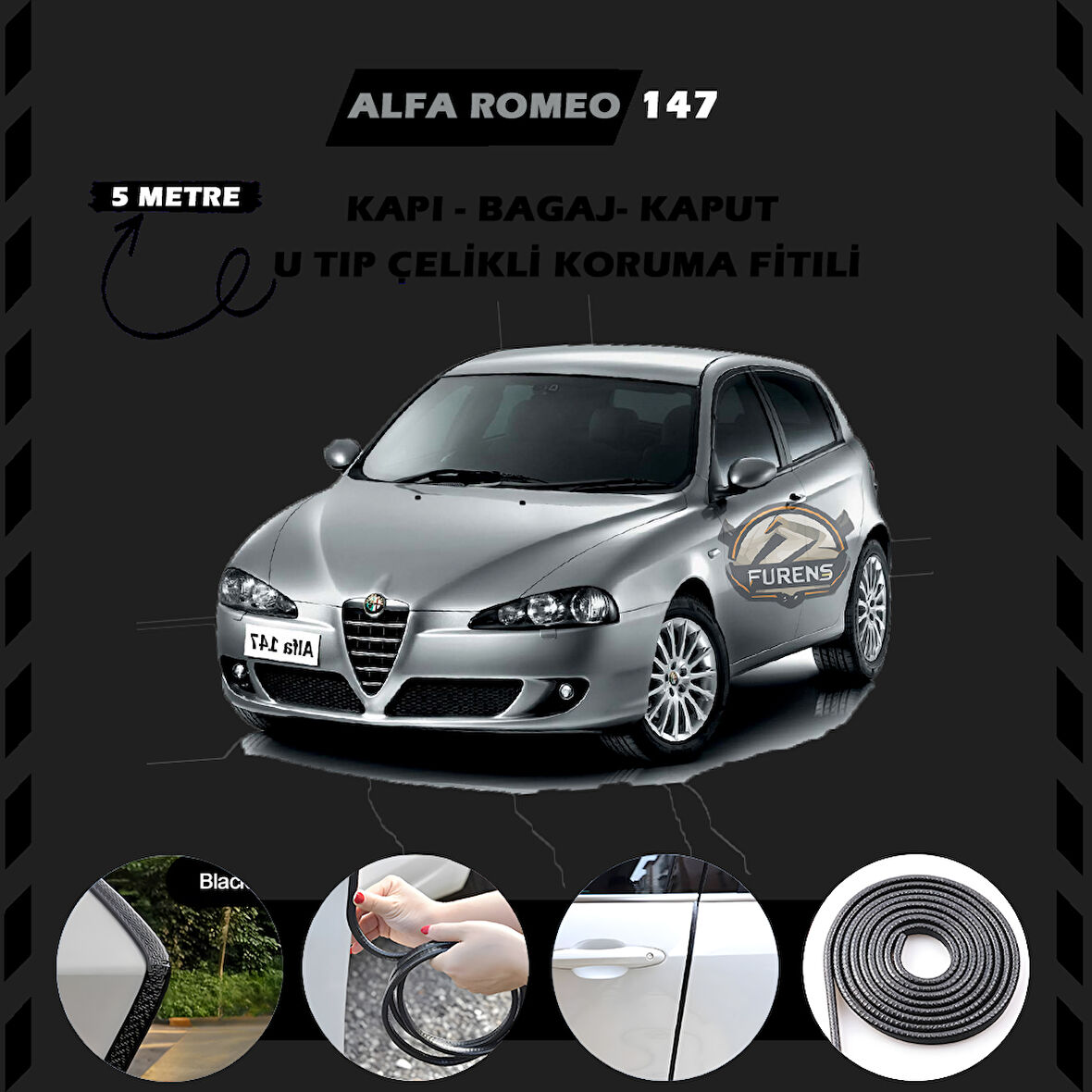 Alfa Romeo 147 Oto Araç Kapı Koruma Fitili 5metre Parlak Siyah Renk