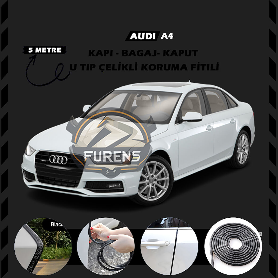 Audi A4 Oto Araç Kapı Koruma Fitili 5metre Parlak Siyah Renk