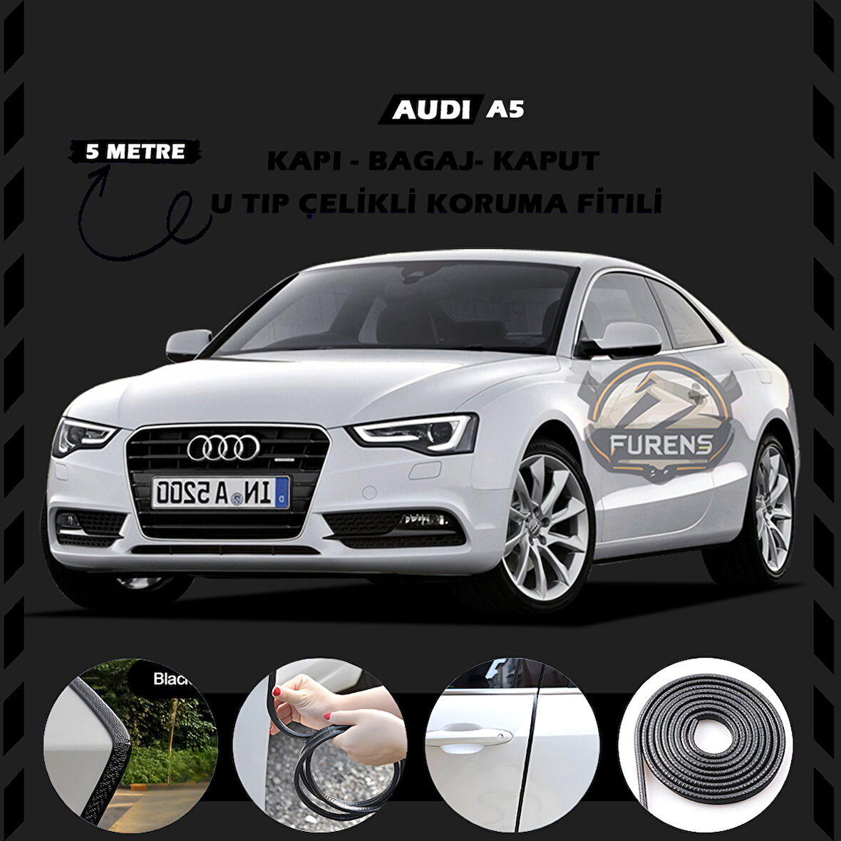 Audi A5 Oto Araç Kapı Koruma Fitili 5metre Parlak Siyah Renk